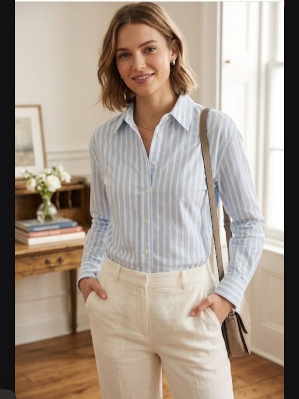 Anthropologie Light Blue Striped Button-Down Shirt - Women's Classic